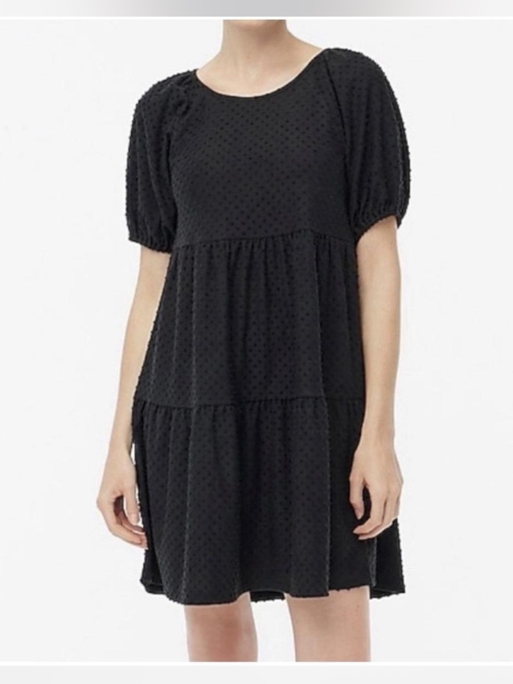J. Crew Black Swiss Dot Tiered Puff Sleeve Dress